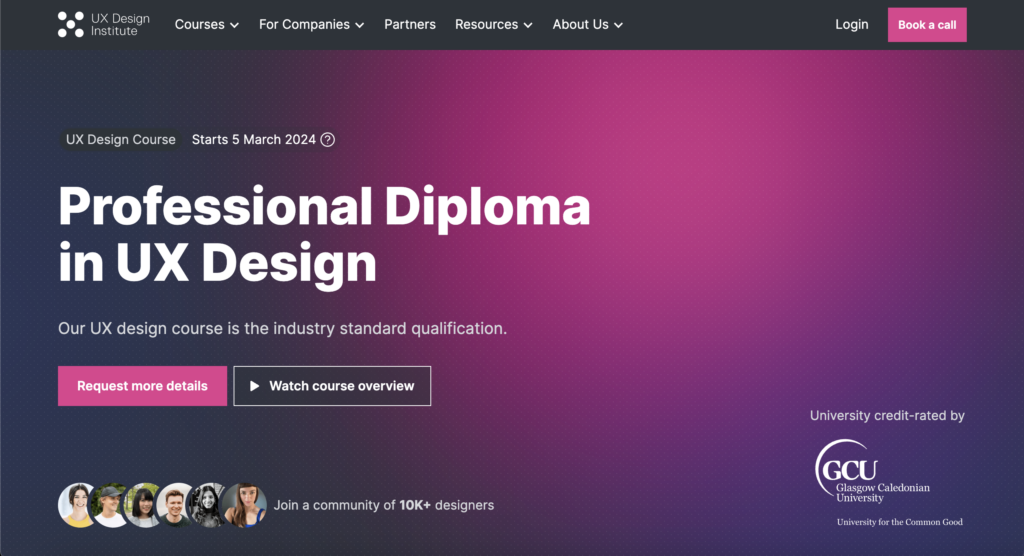 Page Flows’ screenshot of the UX Design Institute’s landing page for the Professional Diploma in UX Design.
